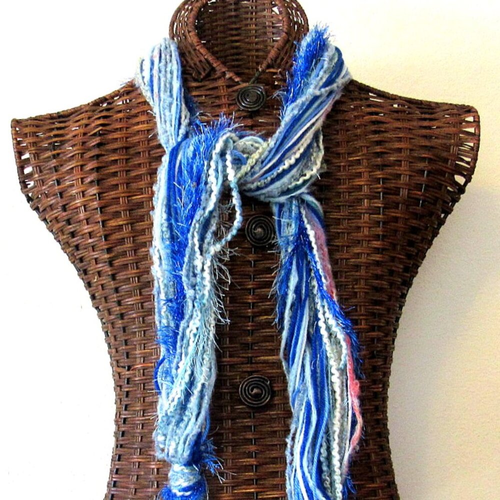 Share Blue String Scarf 84" Winter Strands of Yarn Wash Dry OOAK USA Handmade
